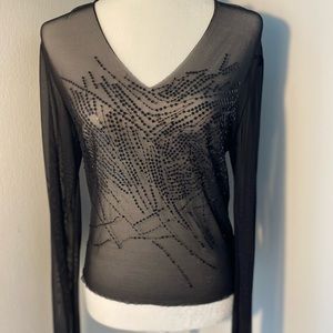 Bebe Black Sequin Sheer Blouse Top ~ Large